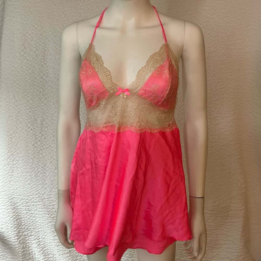 Victoria's Secret Halter Babydoll Size L Pink Satin Lace Sleepwear